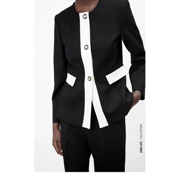 Zara Jackets & Blazers - ZARA Black White Trim Blazer Gold Crest Buttons Jacket Collarless Size M Ladies